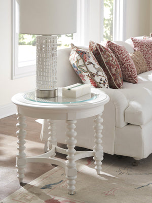 Lexington Barclay Butera Cyprus Round End Table - Elegant Tempered Glass Top With Decorative Cane And Stylish Turned Legs Polo Mallet White  937-950