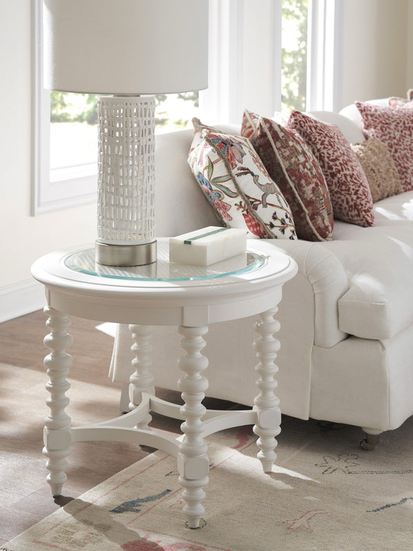 Lexington Barclay Butera Cyprus Round End Table - Elegant Tempered Glass Top With Decorative Cane And Stylish Turned Legs Polo Mallet White  937-950
