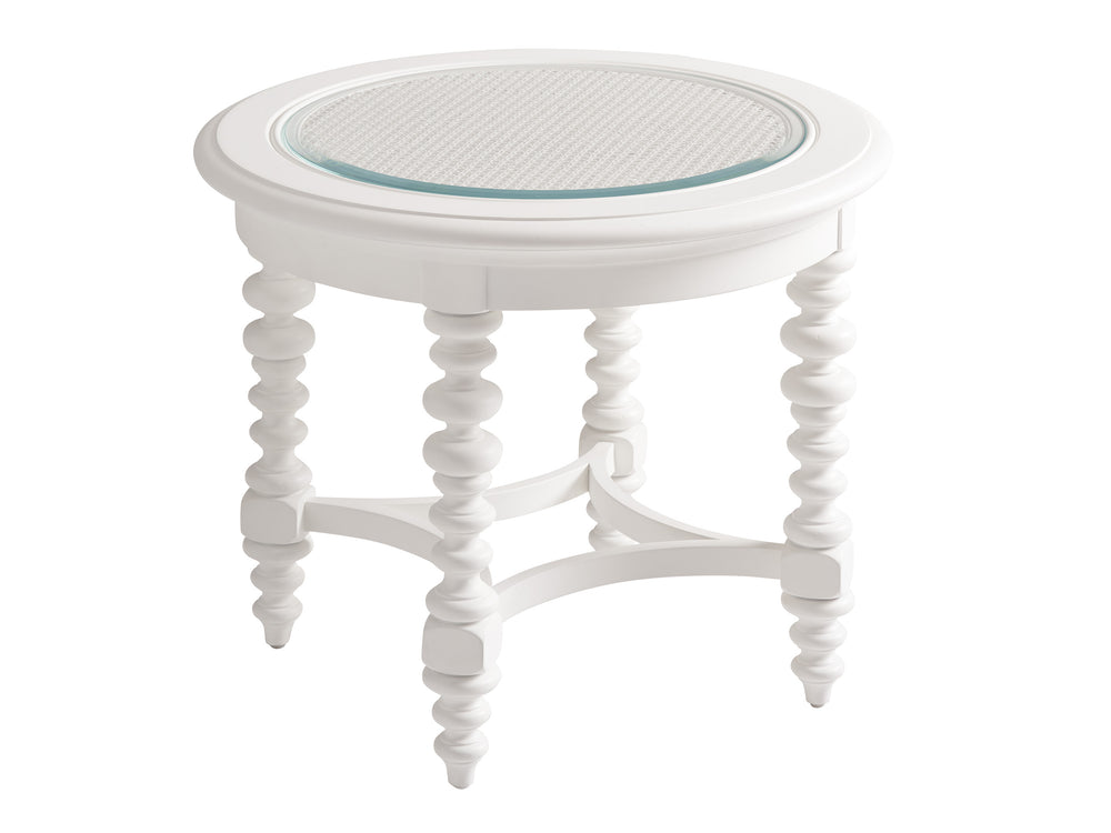 Lexington Barclay Butera Cyprus Round End Table - Elegant Tempered Glass Top With Decorative Cane And Stylish Turned Legs Polo Mallet White  937-950