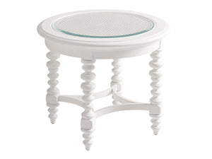 Lexington Barclay Butera Cyprus Round End Table - Elegant Tempered Glass Top With Decorative Cane And Stylish Turned Legs Polo Mallet White  937-950