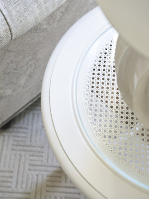 Lexington Barclay Butera Cyprus Round End Table - Elegant Tempered Glass Top With Decorative Cane And Stylish Turned Legs Polo Mallet White  937-950