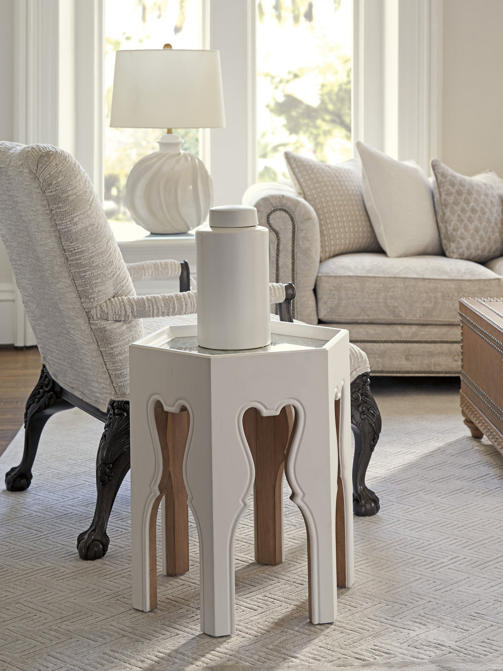 Lexington Barclay Butera Bilbao Hexagonal End Table With Antiqued Mirrored Top And Elegant Buff Accents For Stylish Decor Polo Mallet White  937-951bu