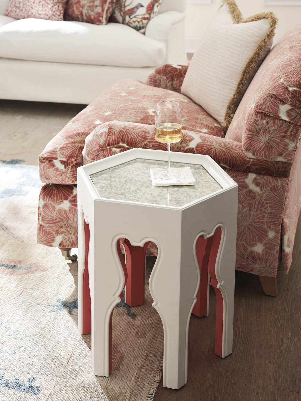 Lexington Barclay Butera Bilbao Hexagonal End Table With Antiqued Mirror Top And Coral Accents For Stylish Interior Decor Polo Mallet White  937-951cr