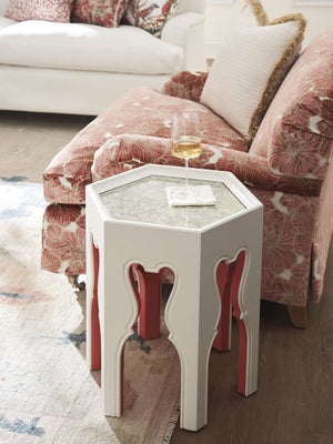 Lexington Barclay Butera Bilbao Hexagonal End Table With Antiqued Mirror Top And Coral Accents For Stylish Interior Decor Polo Mallet White  937-951cr