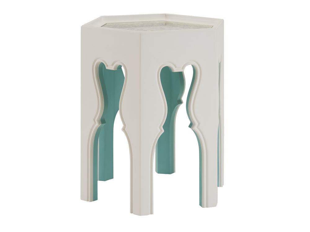 Lexington Barclay Butera Bilbao Hexagonal End Table With Antique Mirrored Top And Stylish Teal Accents For Chic Decor Polo Mallet White  937-951tl