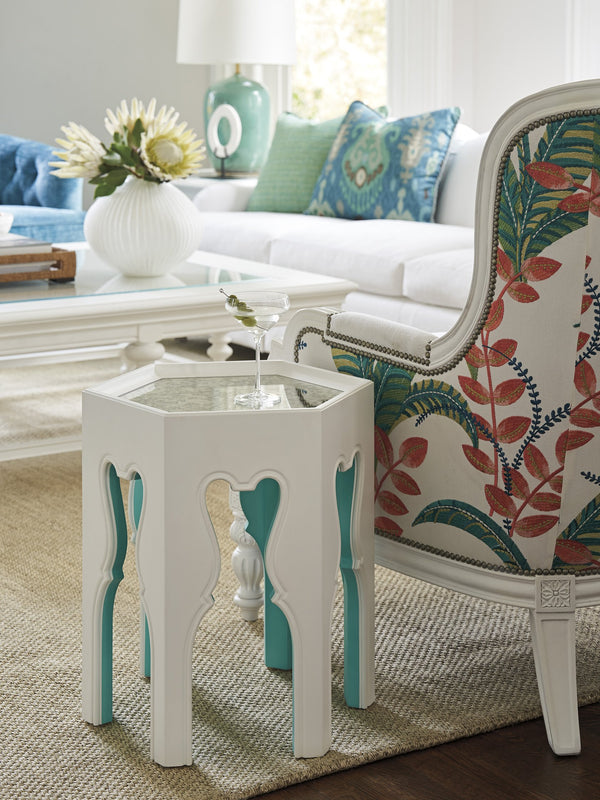 Lexington Barclay Butera Bilbao Hexagonal End Table With Antique Mirrored Top And Stylish Teal Accents For Chic Decor Polo Mallet White  937-951tl