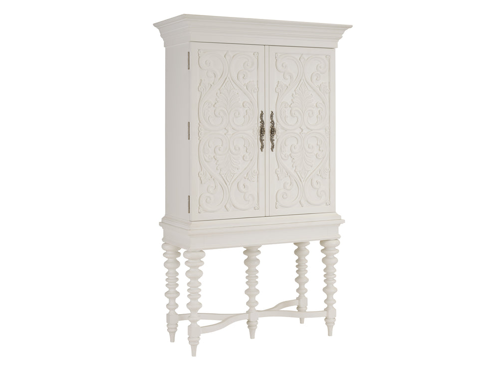 Lexington Barclay Butera Arezzo Bar Cabinet With Mirrored Back, Led Lighting, Adjustable Glass Shelves, And Elegant Design Polo Mallet White  937-961c