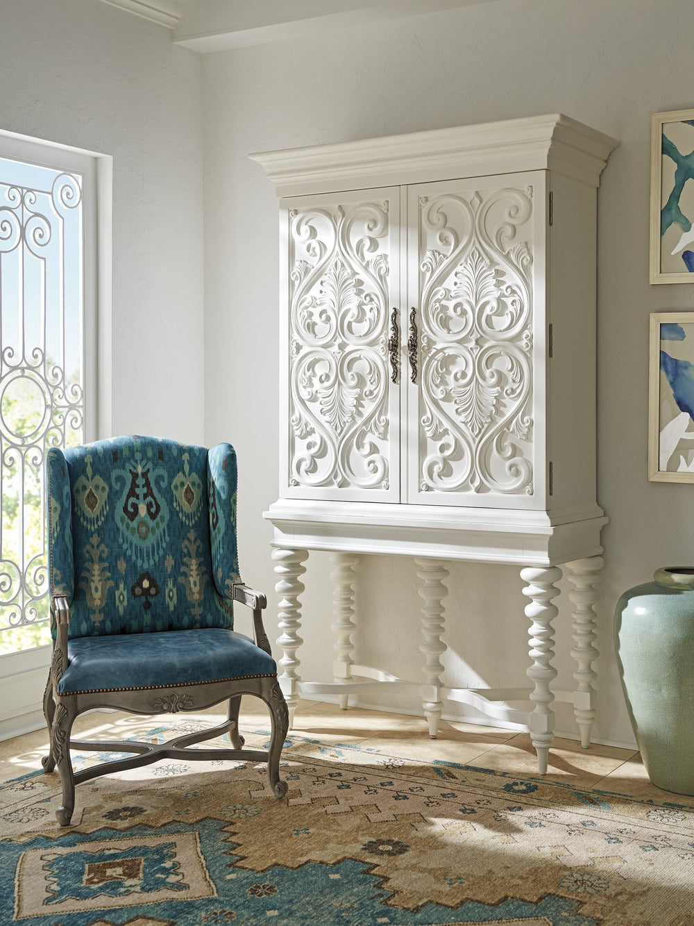 Lexington Barclay Butera Arezzo Bar Cabinet With Mirrored Back, Led Lighting, Adjustable Glass Shelves, And Elegant Design Polo Mallet White  937-961c