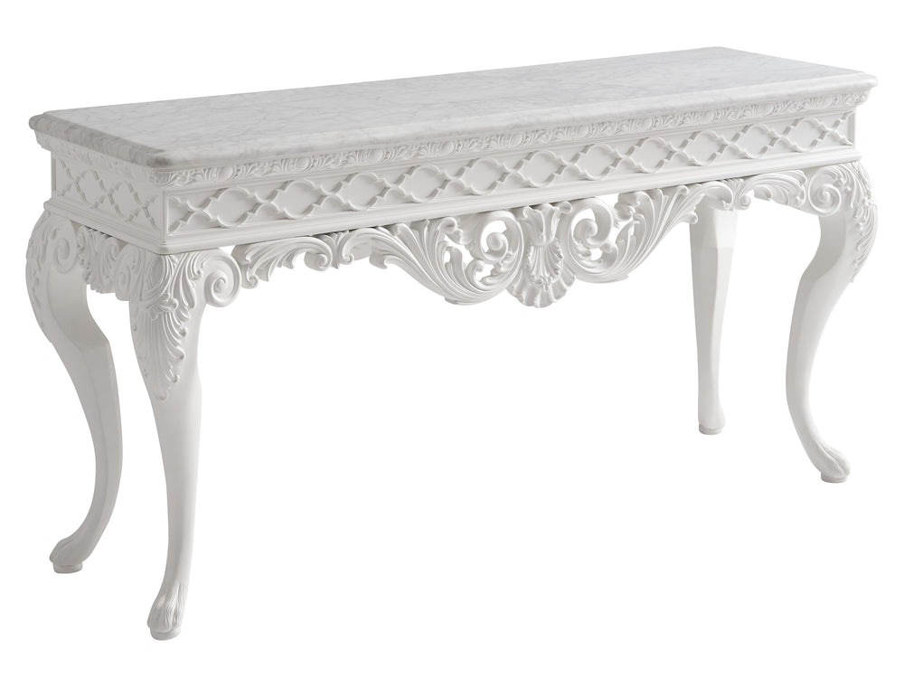 Lexington Barclay Butera Mykonos Console Table - Exquisite Carrara Marble Top With Elegant Fretwork And Cabriole Legs Polo Mallet White  937-966