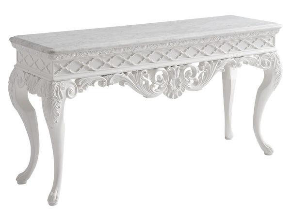 Lexington Barclay Butera Mykonos Console Table - Exquisite Carrara Marble Top With Elegant Fretwork And Cabriole Legs Polo Mallet White  937-966