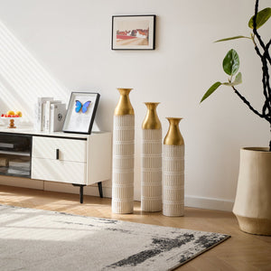 English Elm Floor White Metal Vases Set of 3 — Tall Glazed Cylinder Decor with Hammered Gold Trim, 24/28.7/33.5in W2796P193943