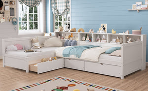 English Elm Twin Corner Daybed with Storage Drawers Bookshelf Wood L-shape Frame for Small Rooms White N733S369272K