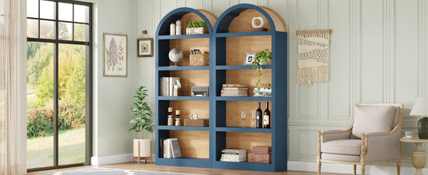 English Elm On-trend Farmhouse Two-tone Bookcase Set Arched Fabric Crown Open 5-tier Shelving Blue N721P411205C