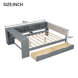 English Elm Wood Full Size Platform Bed With Stylish Storage Shelves, Charging Station, And Upholstered Headboard GX002108AAE-1-GIGA