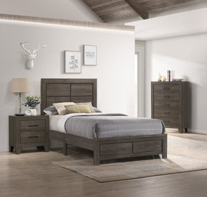 English Elm 1pc Twin Size Rustic Platform Bed with Clean-Lined Headboard, Durable Wood Grain Finish, Easy Assembly Brown,Gray 44.49 L x 28.35 W x 5.31 H B2741P333940