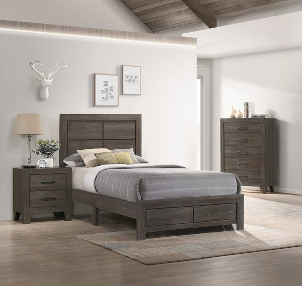 English Elm 1pc Twin Size Rustic Platform Bed with Clean-Lined Headboard, Durable Wood Grain Finish, Easy Assembly Brown,Gray 44.49 L x 28.35 W x 5.31 H B2741P333940