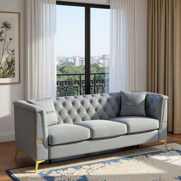 English Elm Fx-P83-Lgy3 Modern Tufted Velvet Sofa – Elegant 3-Seater Couch With Gold Legs & Plush Comfort For Homes W576S00218