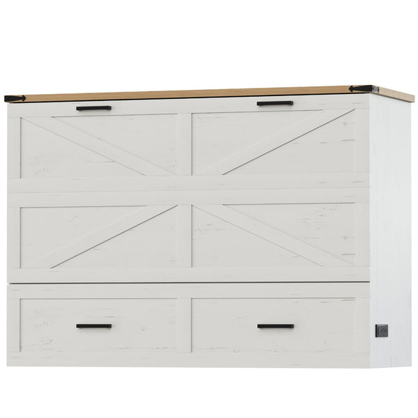 English Elm Queen Murphy Cabinet Bed Rustic Grey Farmhouse Style with Charging Station Storage W5271S00002