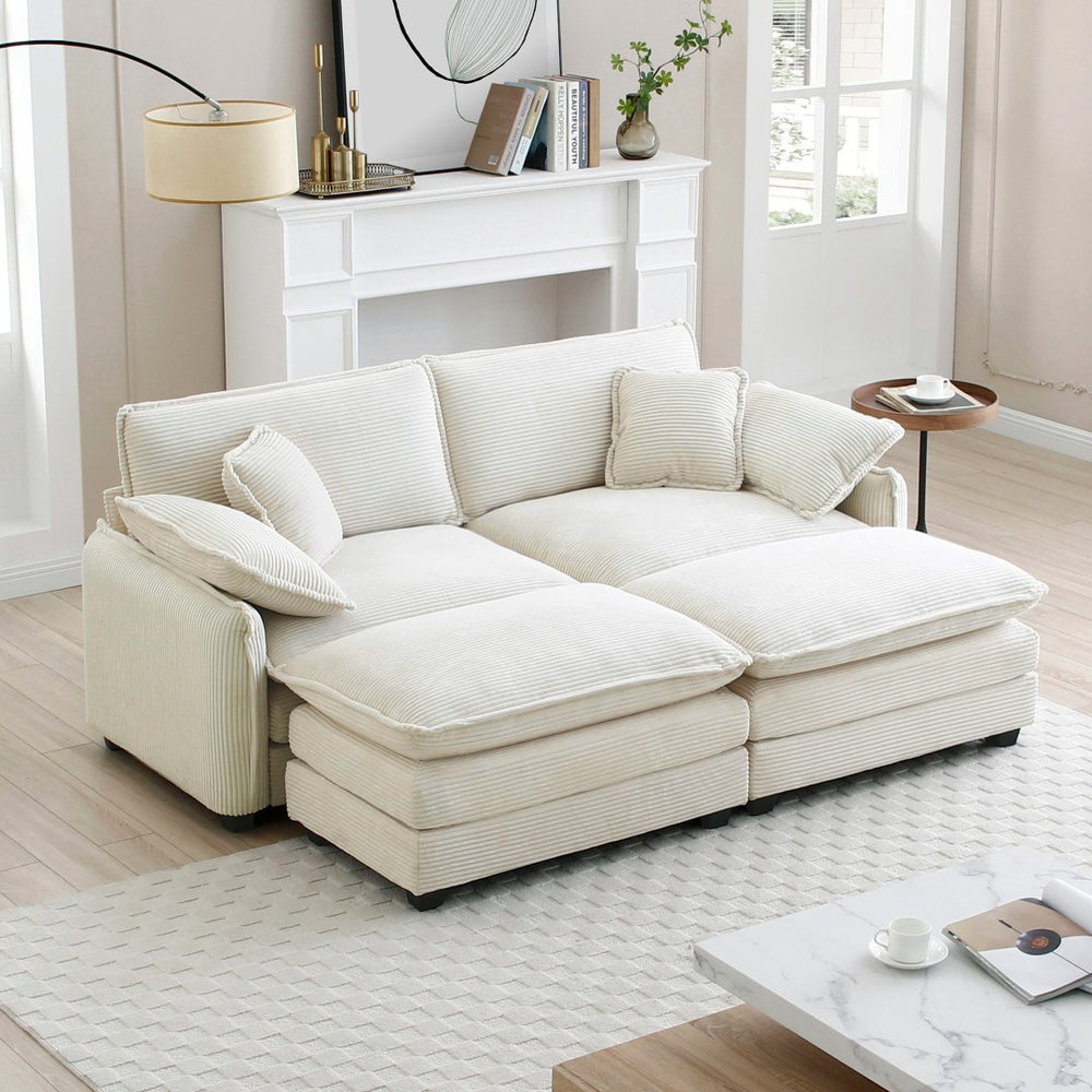 English Elm Two-Seater Theater Sofa In Plush Beige Corduroy With Ottoman - Perfect For Cozy Small Spaces! W714S00684-GIGA