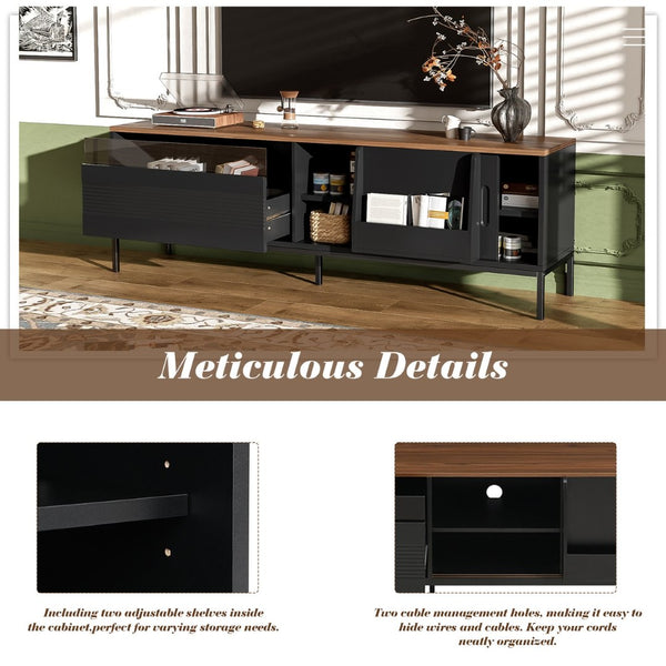 English Elm U-can Mid Century Walnut Media Console with Sliding Doors and Metal Frame for Living Rooms Black N724P360370B