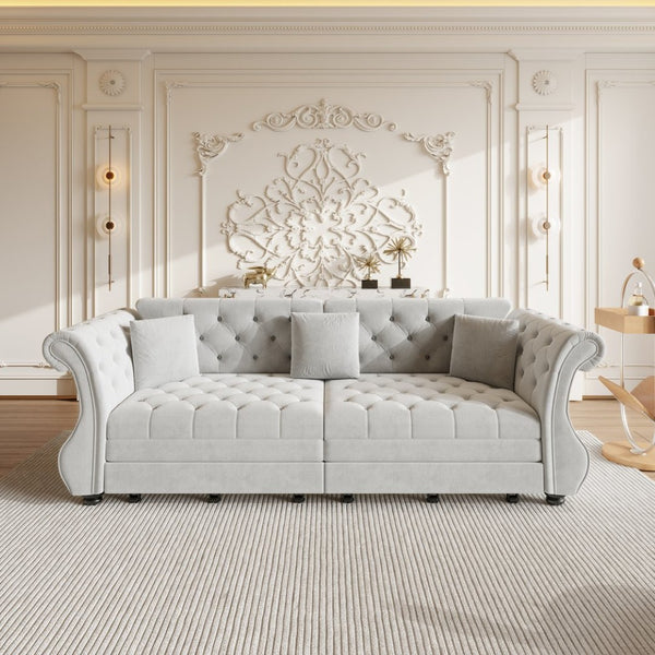 English Elm 97.6" Oversized Velvet Chesterfield Sleeper Sofa Floral Tufted Roll Arm Living Room Couch Light Grey W1885S00398