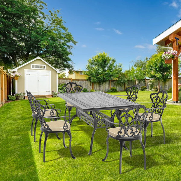 English Elm 7-Piece Cast Aluminum Patio Set With Off-White Cushions – Elegant, Durable, And Comfortable Outdoor Dining W1710S00084