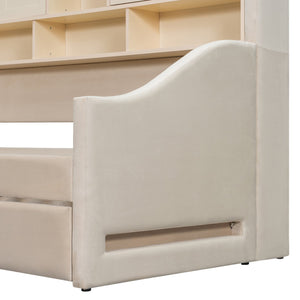 English Elm Twin Upholstered Daybed with LED Armrest Lighting, Hidden Storage Shelves & Lift-Up Pull-Out Trundle Beige SF000198AAA