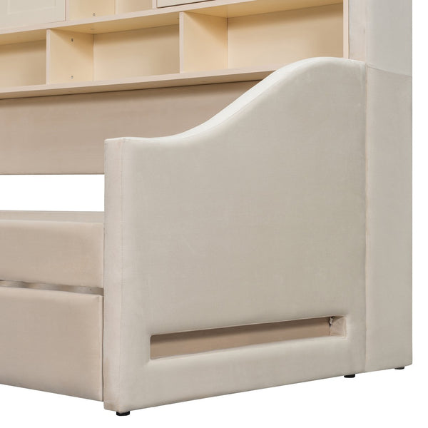 English Elm Twin Upholstered Daybed with LED Armrest Lighting, Hidden Storage Shelves & Lift-Up Pull-Out Trundle Beige SF000198AAA