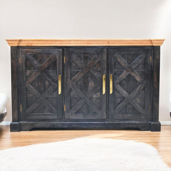 English Elm Solid Wood Regal Rustic Sideboard – Handcrafted 6-Compartment Storage With Brass Handles & Style B182P279292-GIGA