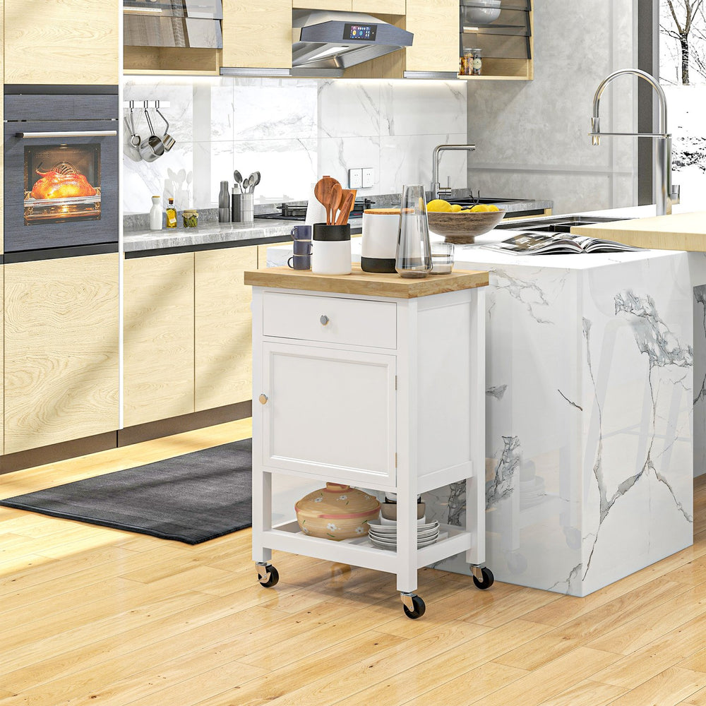 English Elm HOMCOM Rolling Kitchen Cart with Rubberwood Butcher Block Top, Drawer Cabinet Shelf & Towel Rack White W2225P217386