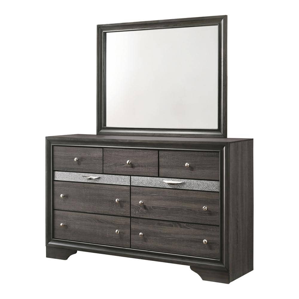 English Elm Gray Glam Dresser w Mirror Set — 63" Shiny Silver-Trim Jewelry Drawer, Dovetail Craft, Round Knobs B2741S00552