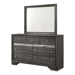 English Elm Gray Glam Dresser w Mirror Set — 63" Shiny Silver-Trim Jewelry Drawer, Dovetail Craft, Round Knobs B2741S00552