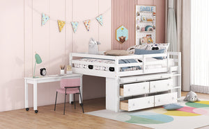 English Elm Full Size Kids Loft Bed Pinewood Frame Dual Study Desks Drawers and Open Shelving White LT000369AAK