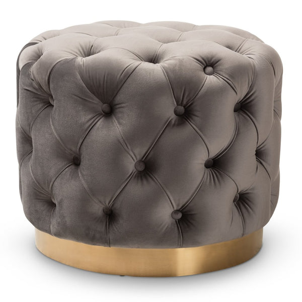 Baxton Studio Baxton Valeria Glam Velvet Ottoman - Gray Button Tufted Accent with Gold Base, Fully Assembled Comfort TSFOT030-Slate Grey/Gold-Otto