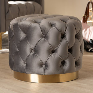 Baxton Studio Baxton Valeria Glam Velvet Ottoman - Gray Button Tufted Accent with Gold Base, Fully Assembled Comfort TSFOT030-Slate Grey/Gold-Otto