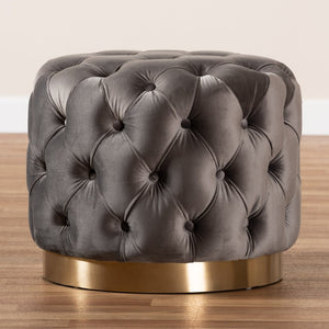 Baxton Studio Baxton Valeria Glam Velvet Ottoman - Gray Button Tufted Accent with Gold Base, Fully Assembled Comfort TSFOT030-Slate Grey/Gold-Otto