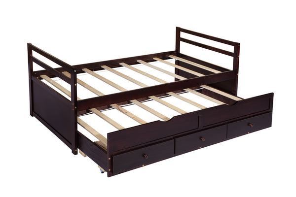 English Elm Twin Twin Size Bed with Trundle and Three Storage Drawers, Space-Saving Pine Frame with Classic Headboard Espresso W504P197165