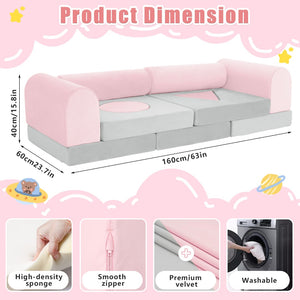 English Elm 11pcs Modular Foam Play Couch Set for Kids Velour Washable Toddler Playroom Builder Pink+Grey T5880P493424