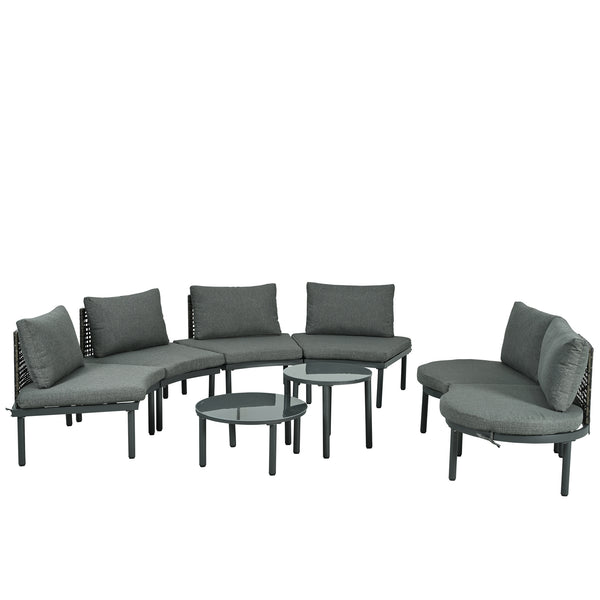 English Elm TOPMAX 8-Piece Patio Sofa Set with Modular Half-Moon Sectionals, Tempered Glass Tables, Cushioned Komfort Gray SP100029AAE