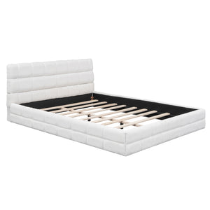 English Elm Queen Upholstered Platform Bed with Padded Headboard, Slat Support, Modern Stitch Detail for Comfort White DL001520AAK
