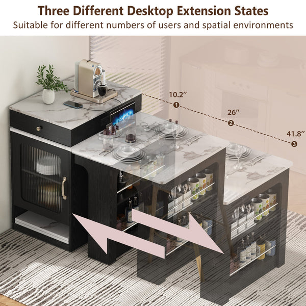 English Elm K&K Modern Extendable 59.5" Kitchen Island with Double-Sided Storage, Power Outlet & Casters Black N707S000017B