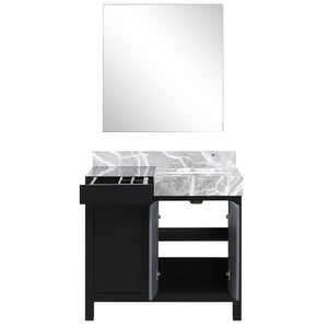 English Elm Black Bath Vanity 36" W With Castle Grey Marble Top & Matching 30" Mirror - Stylish Storage Solution B2731S00931