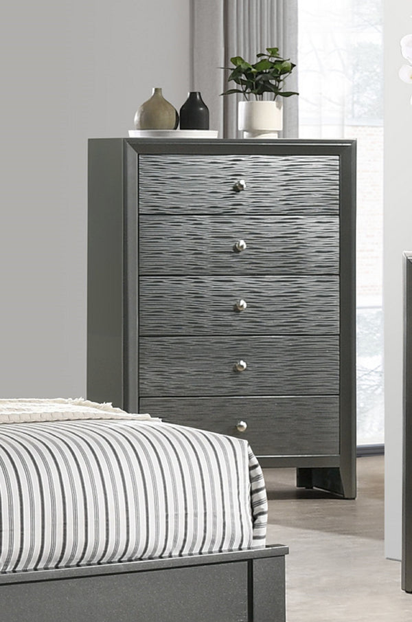English Elm 1pc Modern 9-Drawer Dresser with Round Knobs, Gunmetal Wood-Pattern Finish, Stylish Bedroom Storage Dark Gray 33.5 L x 18.4 W x 49.8 H B2741P345937