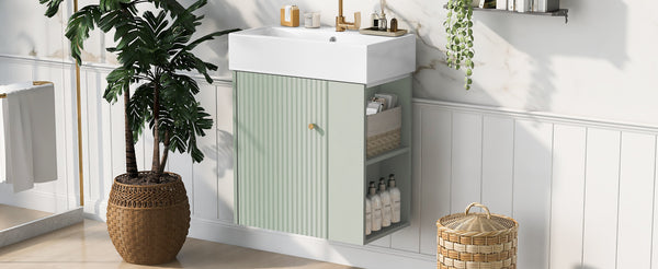 English Elm 21.6 inch Modern Floating Bathroom Vanity with Ceramic Basin, Wave Door, Rose Gold Handle Green N729P170388F