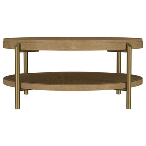 English Elm Benson Round Coffee and End Table Set with Brass Legs Rattan Shelf Accent Sand B062S01402
