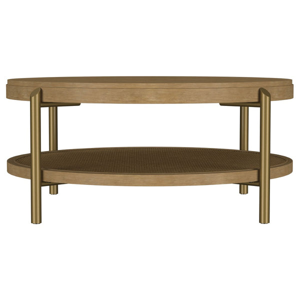 English Elm Benson Round Coffee and End Table Set with Brass Legs Rattan Shelf Accent Sand B062S01402