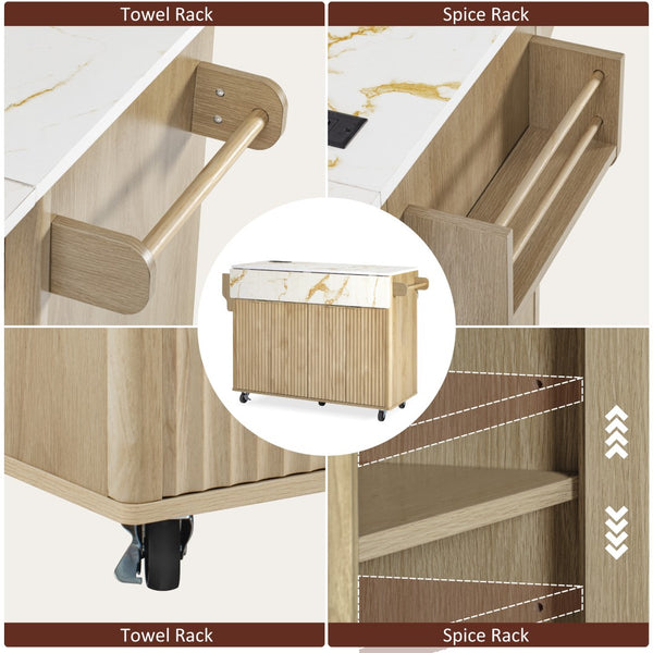 English Elm K&k Fluted Rolling Kitchen Island Faux Marble Top Power Outlet Storage Drawers Natural N707P353934Y
