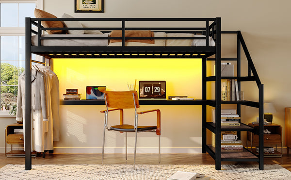 English Elm Twin Xl Metal Loft Bed with Stair Storage Shelves Sturdy Steel Frame for Dorms W1580S00481