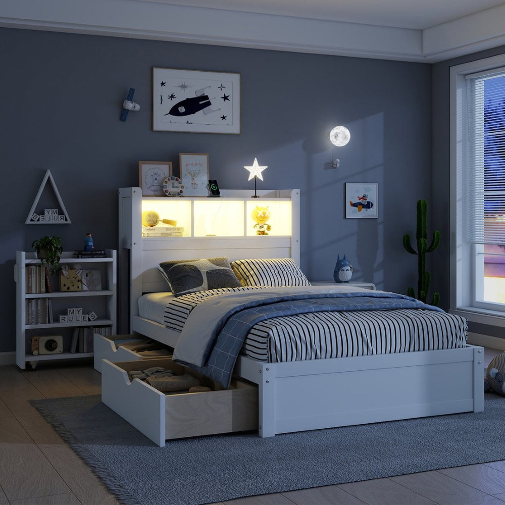 English Elm Twin Wood Storage Bed with Led Headboard Drawers and Pull Out Cabinet for Kids White W2593S00048