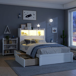 English Elm Twin Wood Storage Bed with Led Headboard Drawers and Pull Out Cabinet for Kids White W2593S00048